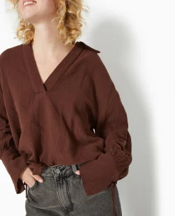 Blouse Ample En Gaze De Coton - Marron