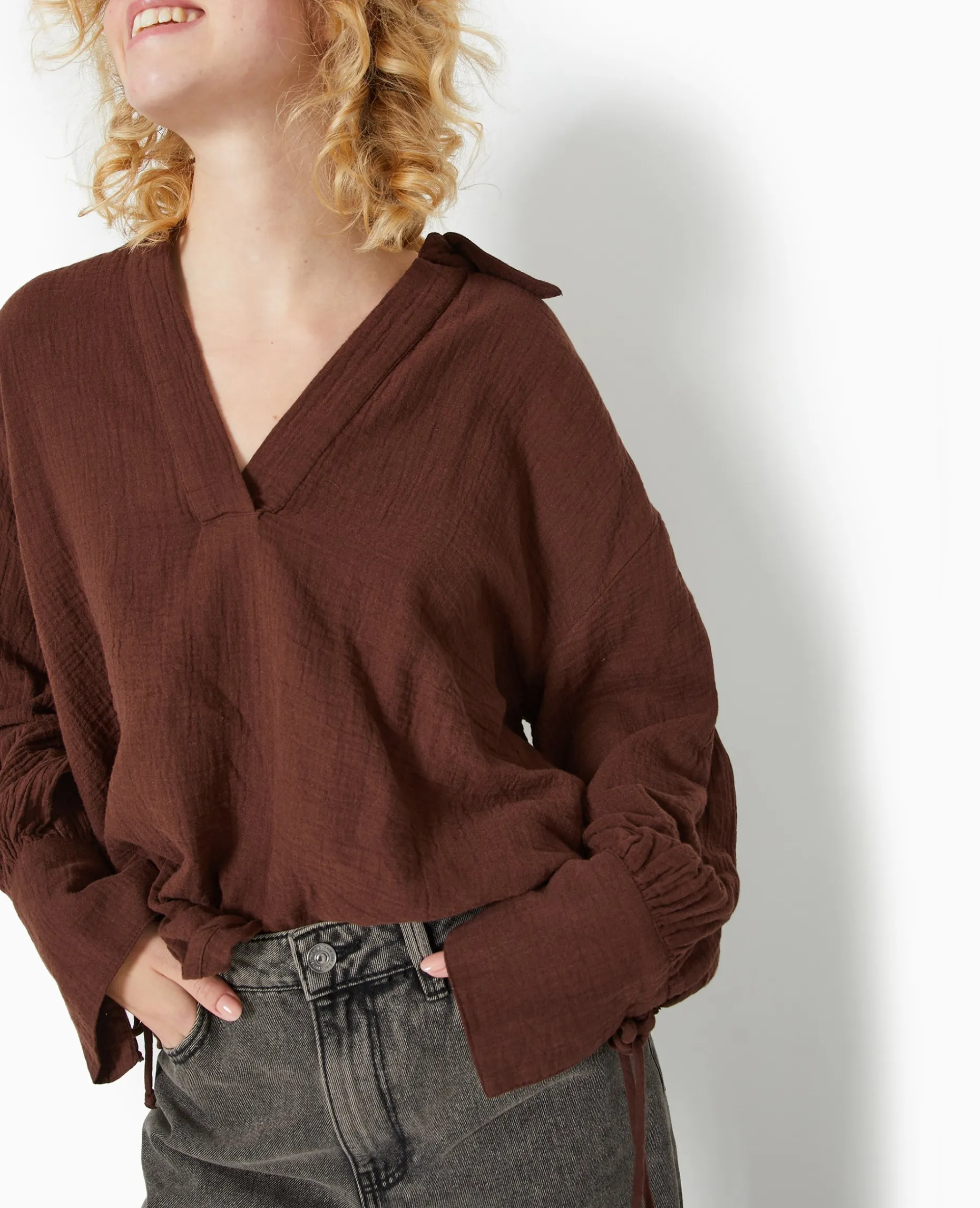 Blouse Ample En Gaze De Coton - Marron