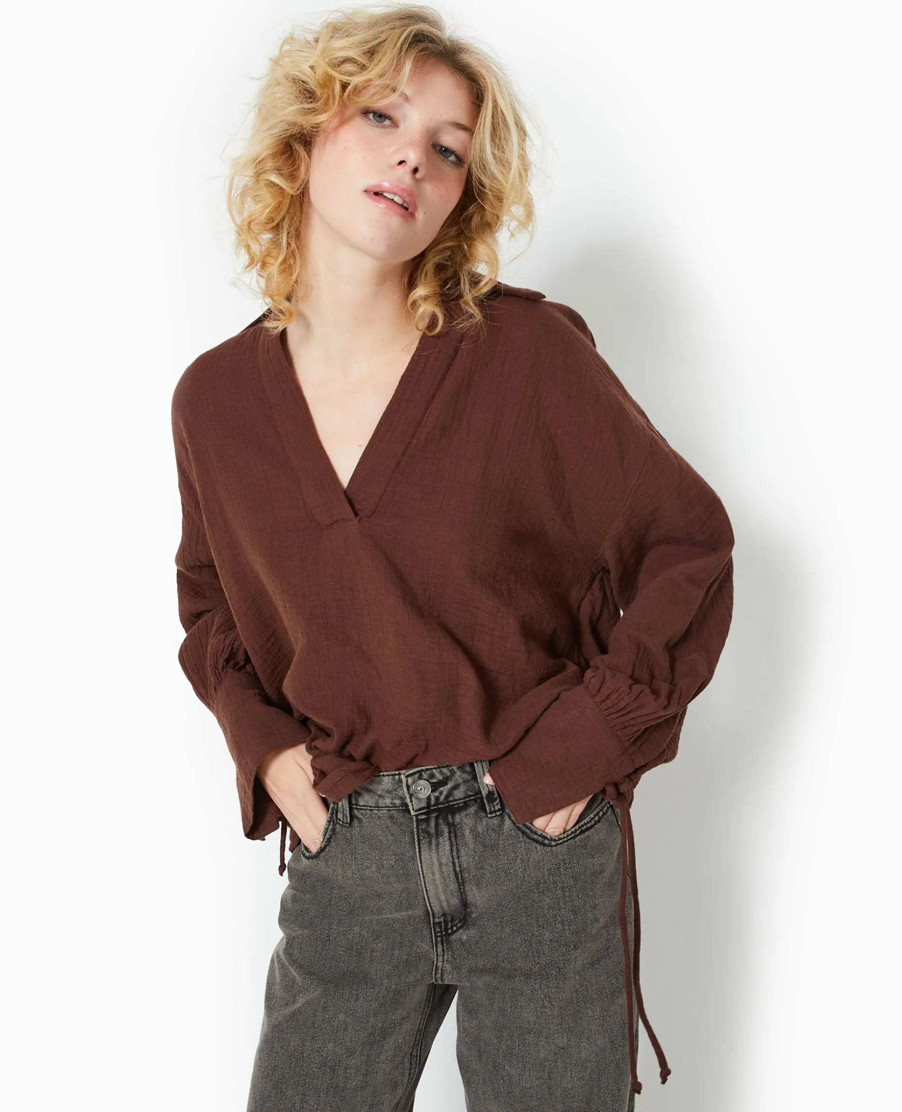 Blouse Ample En Gaze De Coton - Marron