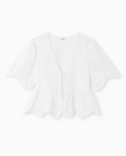 Blouse Avec Broderie Anglaise Et Nouettes - Blanc