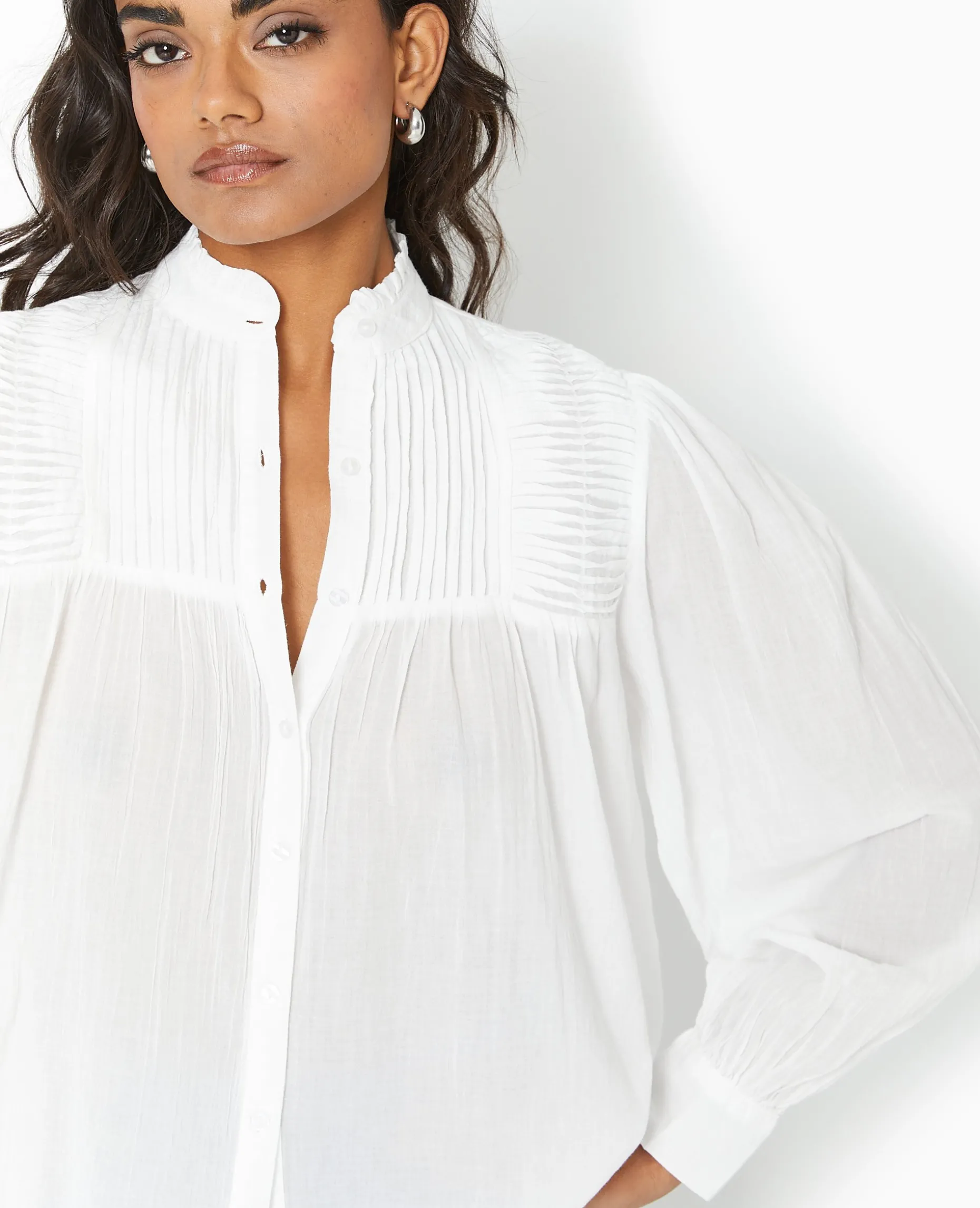 Blouse Boutonnée Avec Plis - Blanc