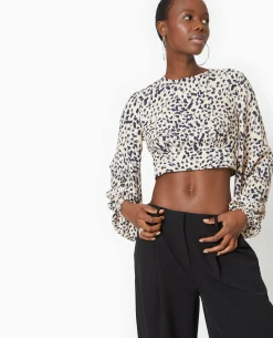 Blouse Courte Avec Découpe Dos Motif Léopard - Taupe
