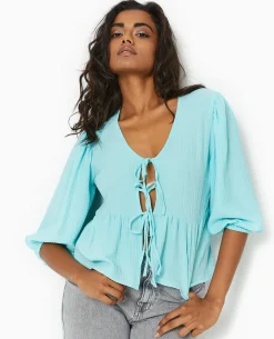 Blouse En Tissu Gaufré Avec Nouettes - Bleu Clair