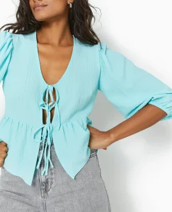 Blouse En Tissu Gaufré Avec Nouettes - Bleu Clair