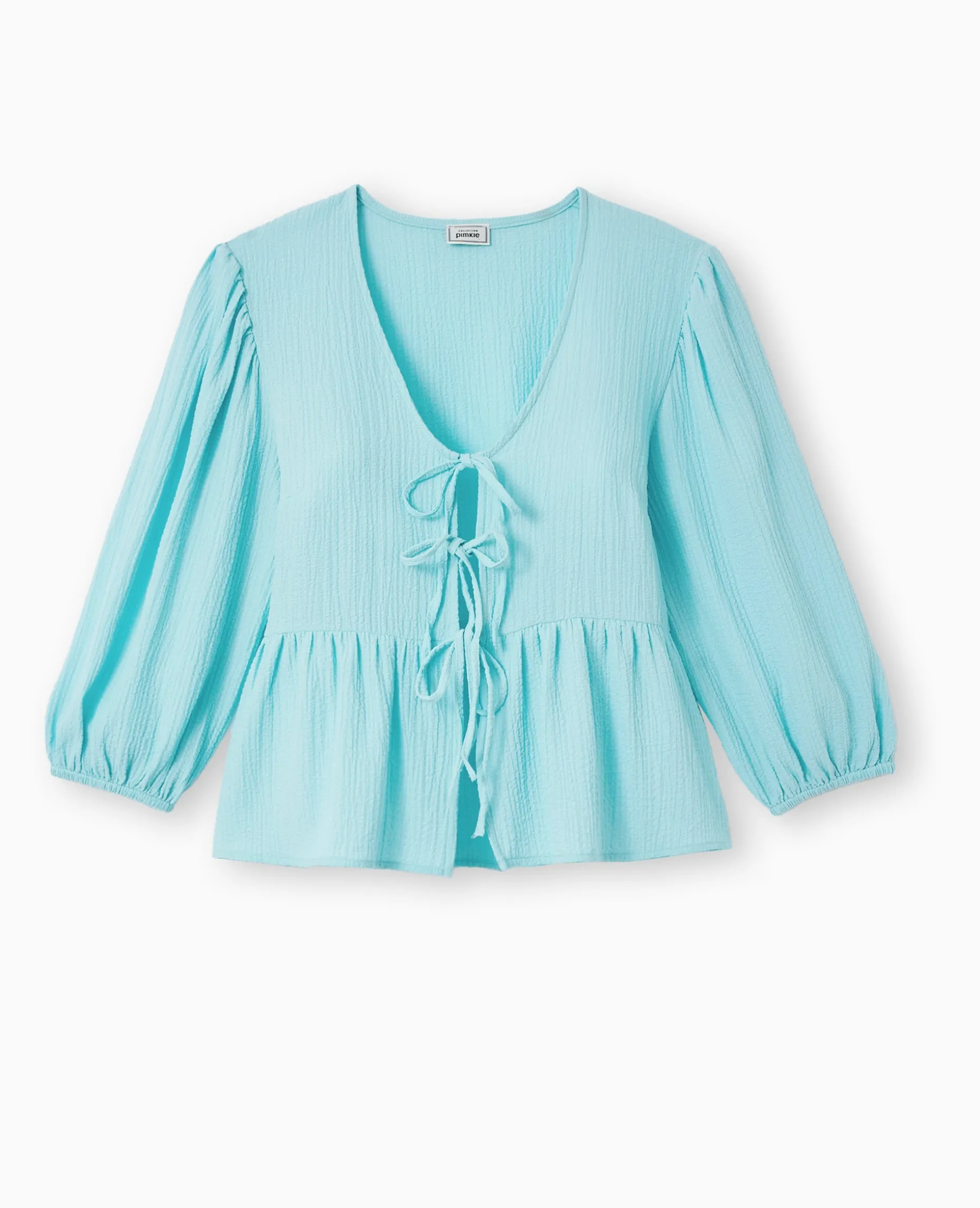 Blouse En Tissu Gaufré Avec Nouettes - Bleu Clair