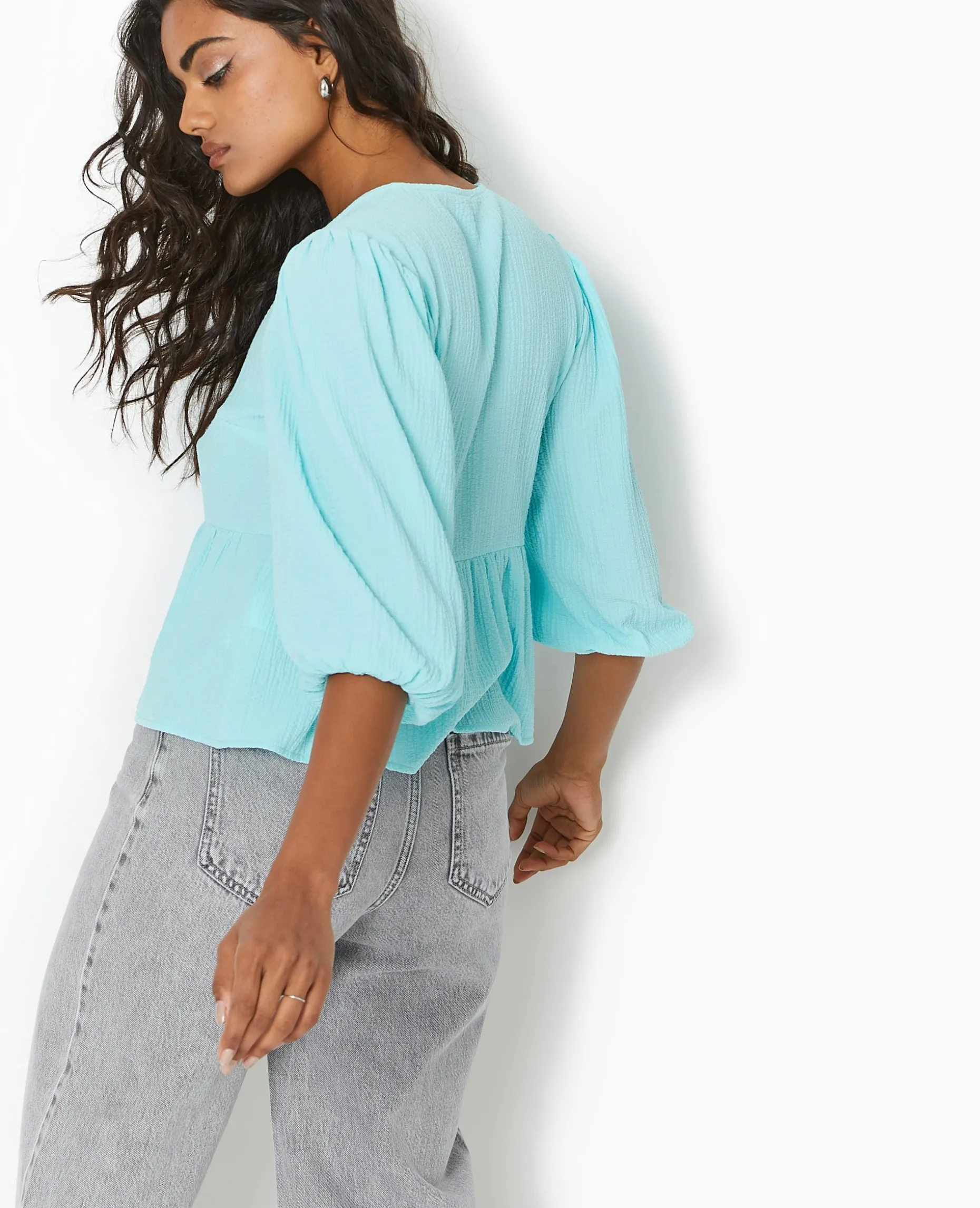 Blouse En Tissu Gaufré Avec Nouettes - Bleu Clair