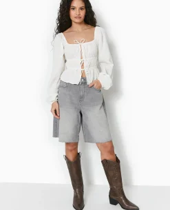 Blouse Encolure Bardot Avec Liens à Nouer - écru