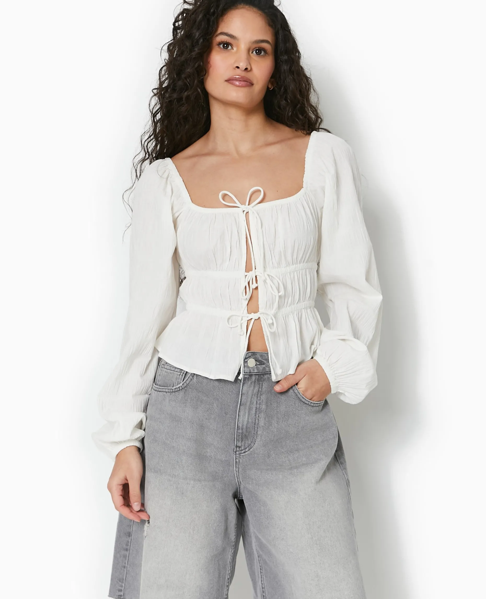 Blouse Encolure Bardot Avec Liens à Nouer - écru