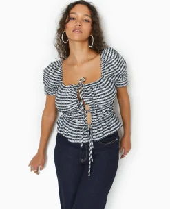 Blouse Encolure Bardot Motif Vichy - Noir