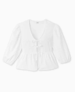 Blouse Manches Ballons Avec Nouettes Et Volant - Blanc