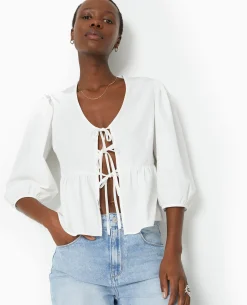 Blouse Manches Ballons Avec Nouettes Et Volant - Blanc