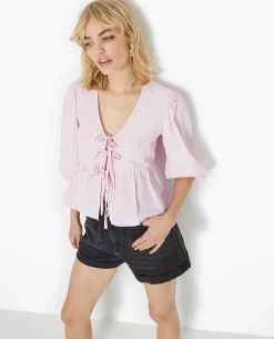 Blouse Manches Ballons Et Nouettes - Rose Poudré