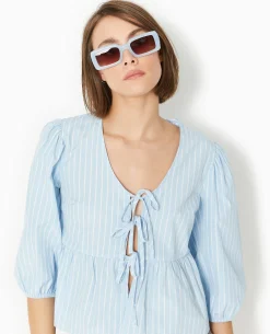 Blouse Manches Ballons Et Nouettes - Bleu Clair