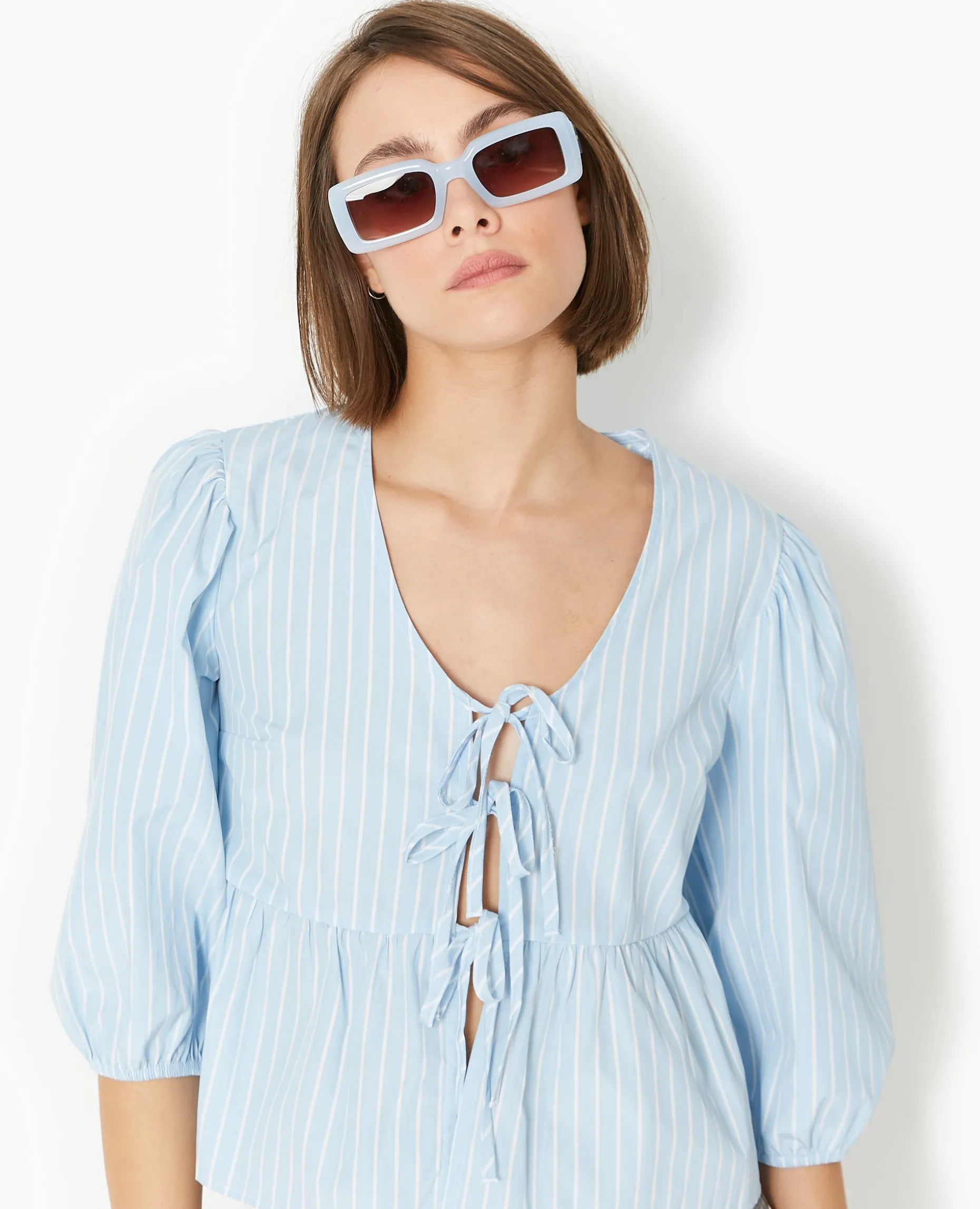 Blouse Manches Ballons Et Nouettes - Bleu Clair