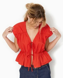 Blouse Sans Manches Avec Liens à Nouer Et Fronces - Rouge