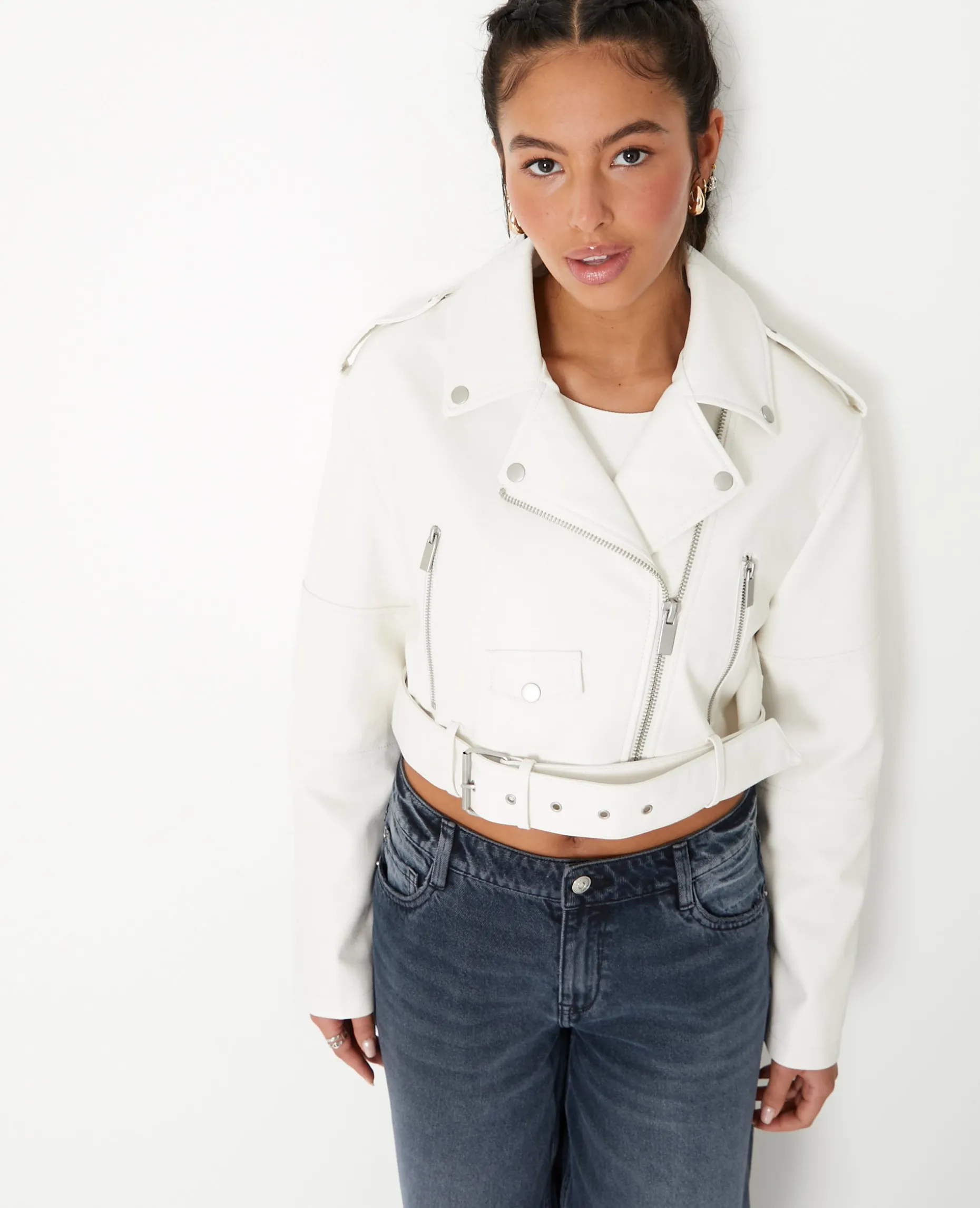 Blouson Biker Court Avec Ceinture - écru