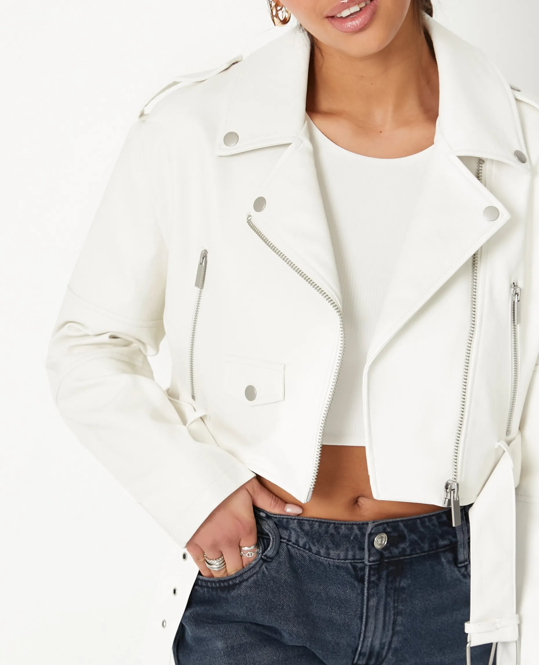 Blouson Biker Court Avec Ceinture - écru