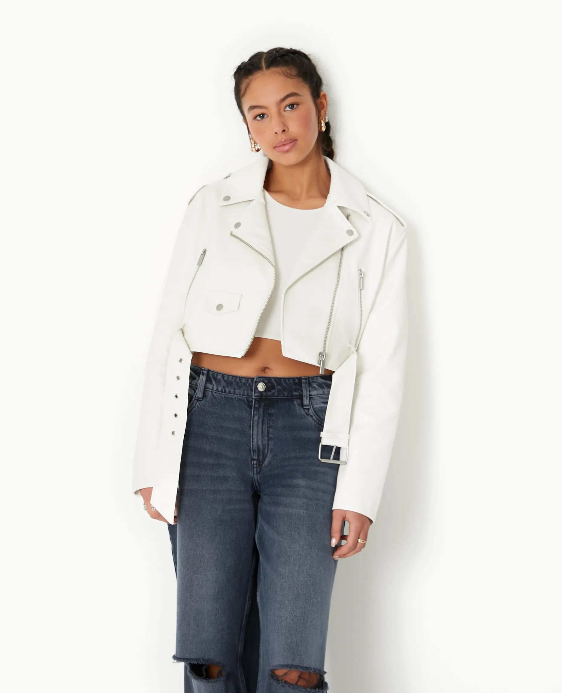 Blouson Biker Court Avec Ceinture - écru