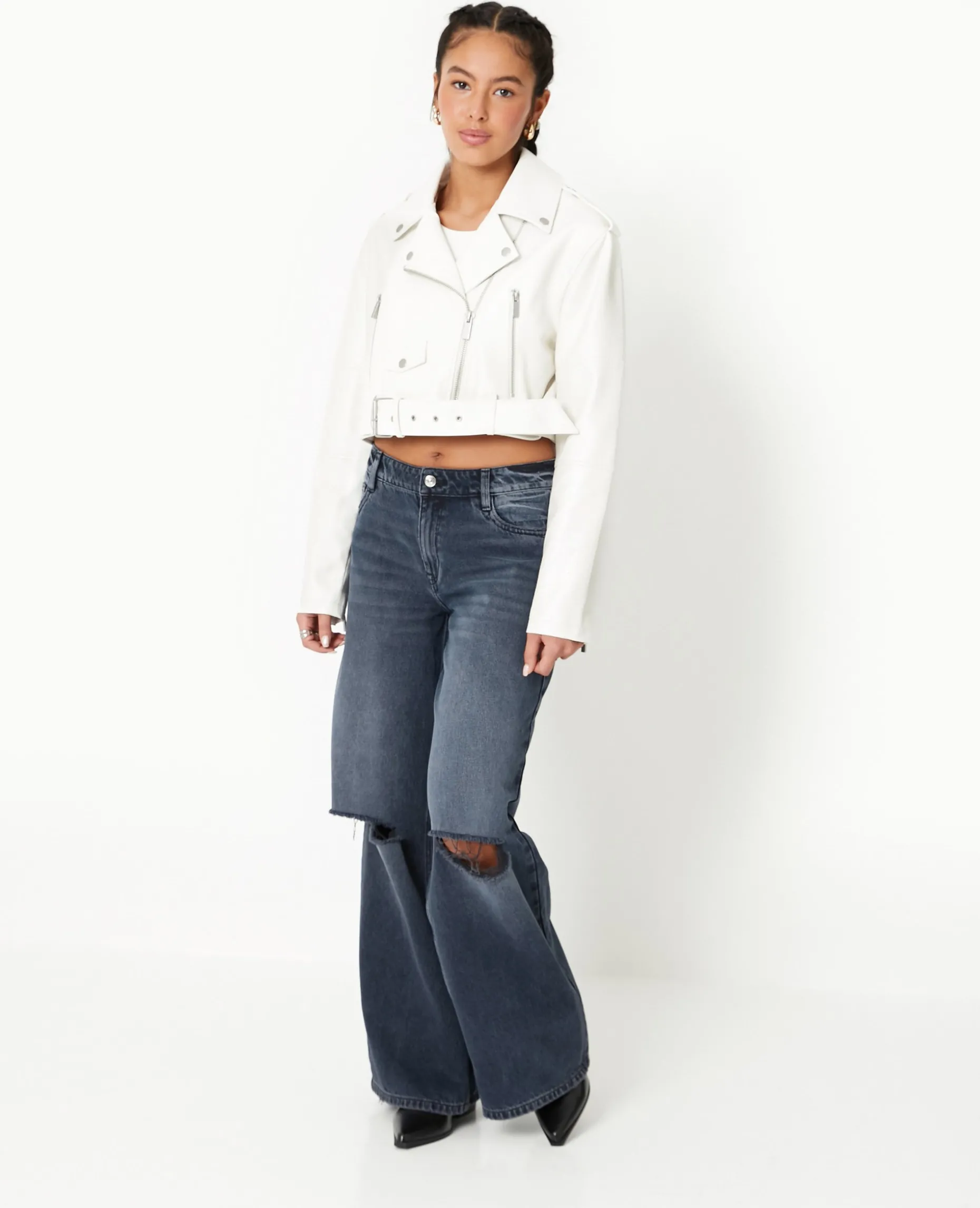 Blouson Biker Court Avec Ceinture - écru