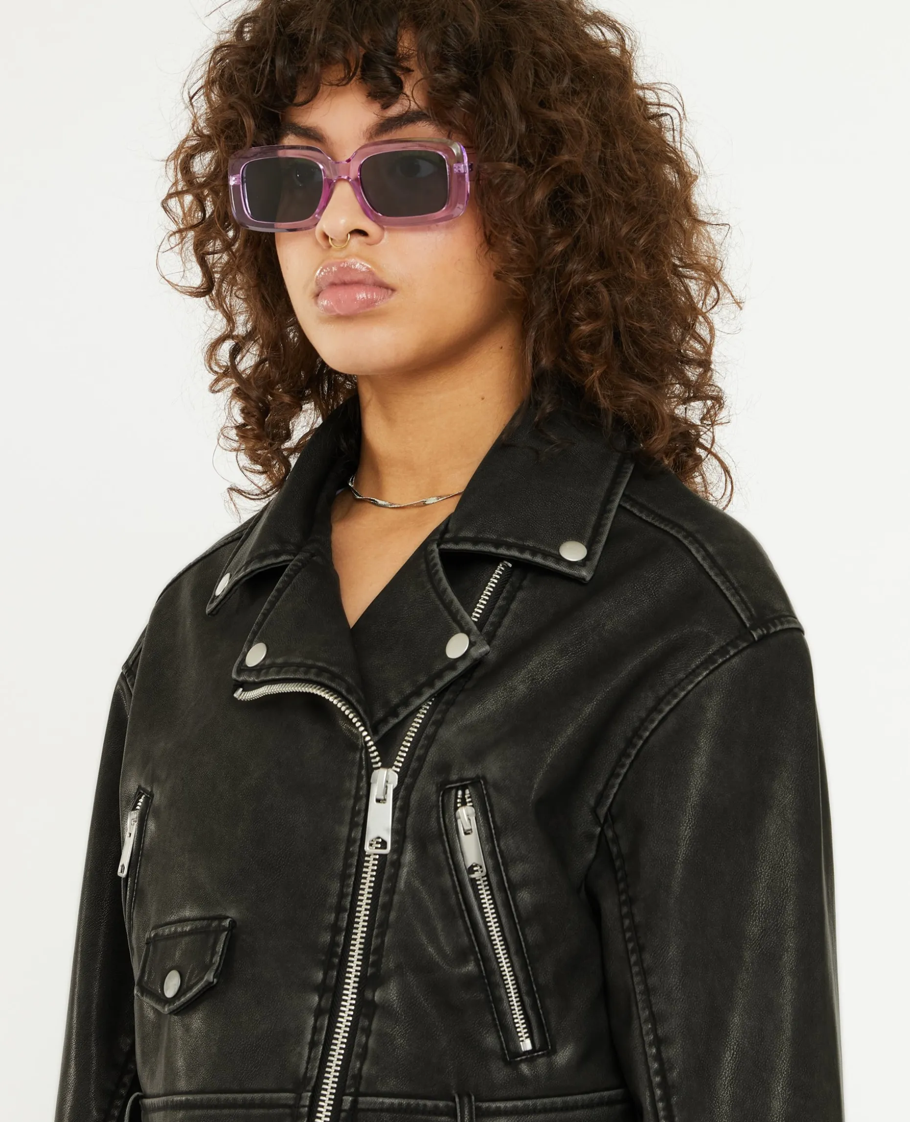 Blouson Biker Court Effet Usé - Gris Foncé