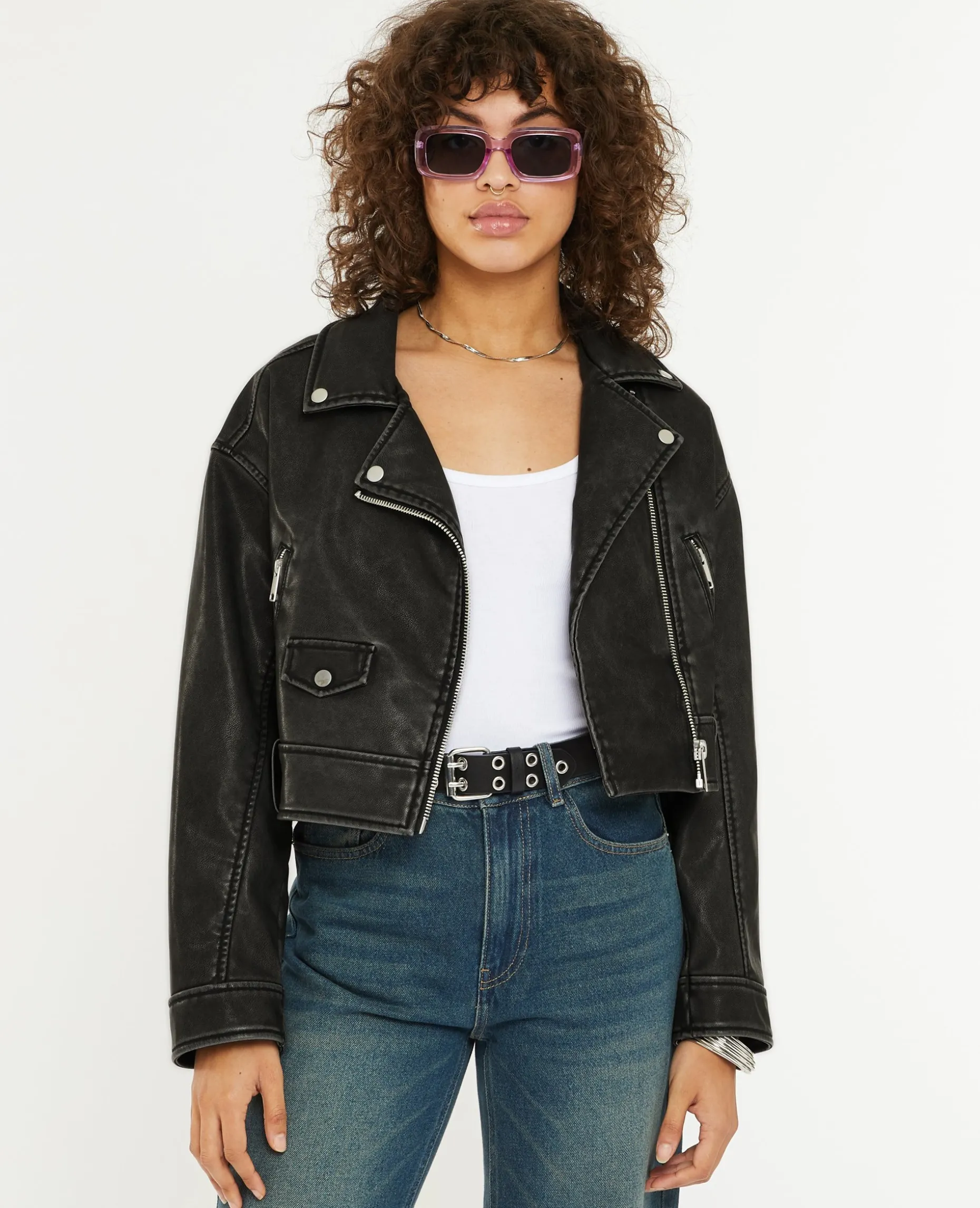 Blouson Biker Court Effet Usé - Gris Foncé