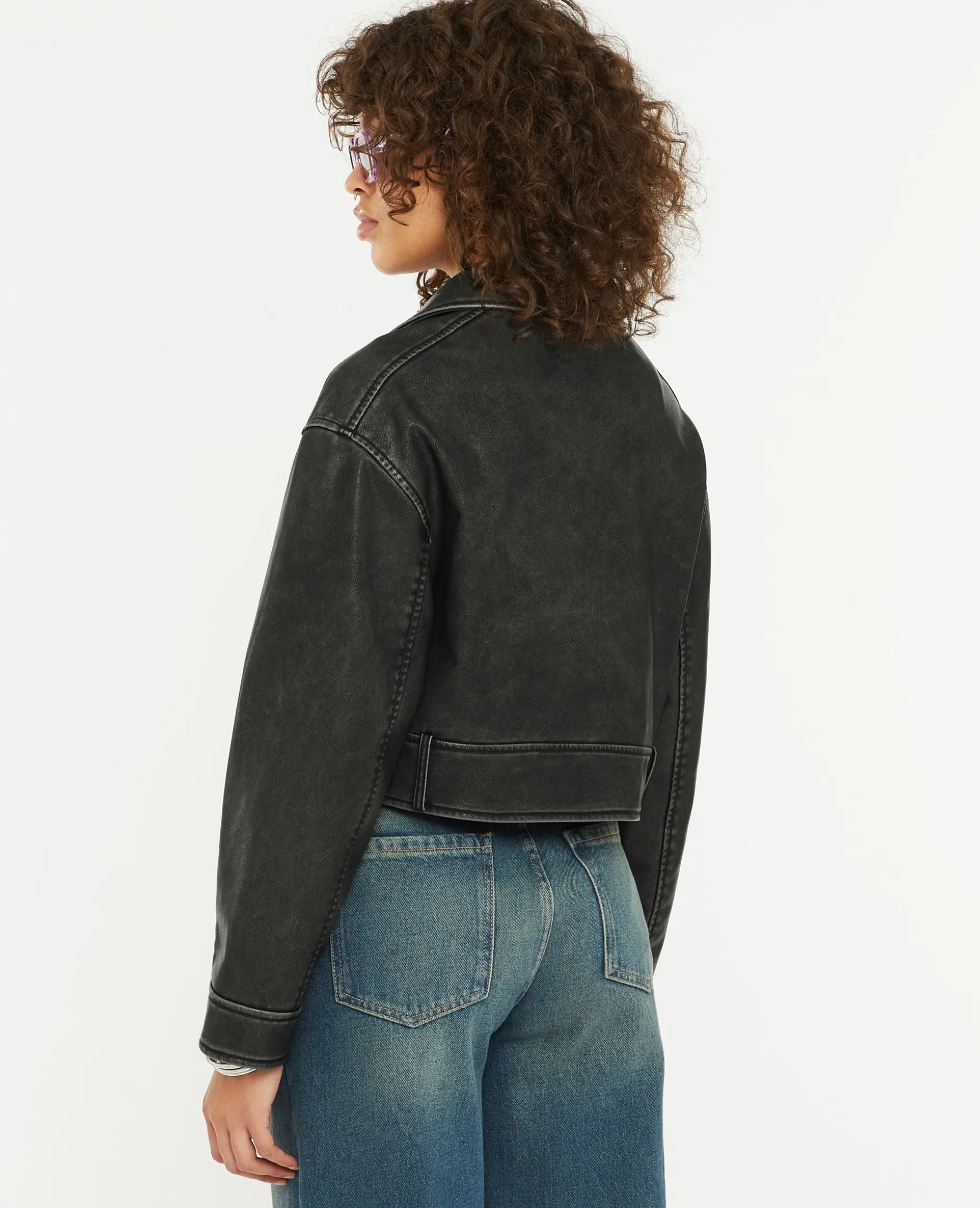 Blouson Biker Court Effet Usé - Gris Foncé