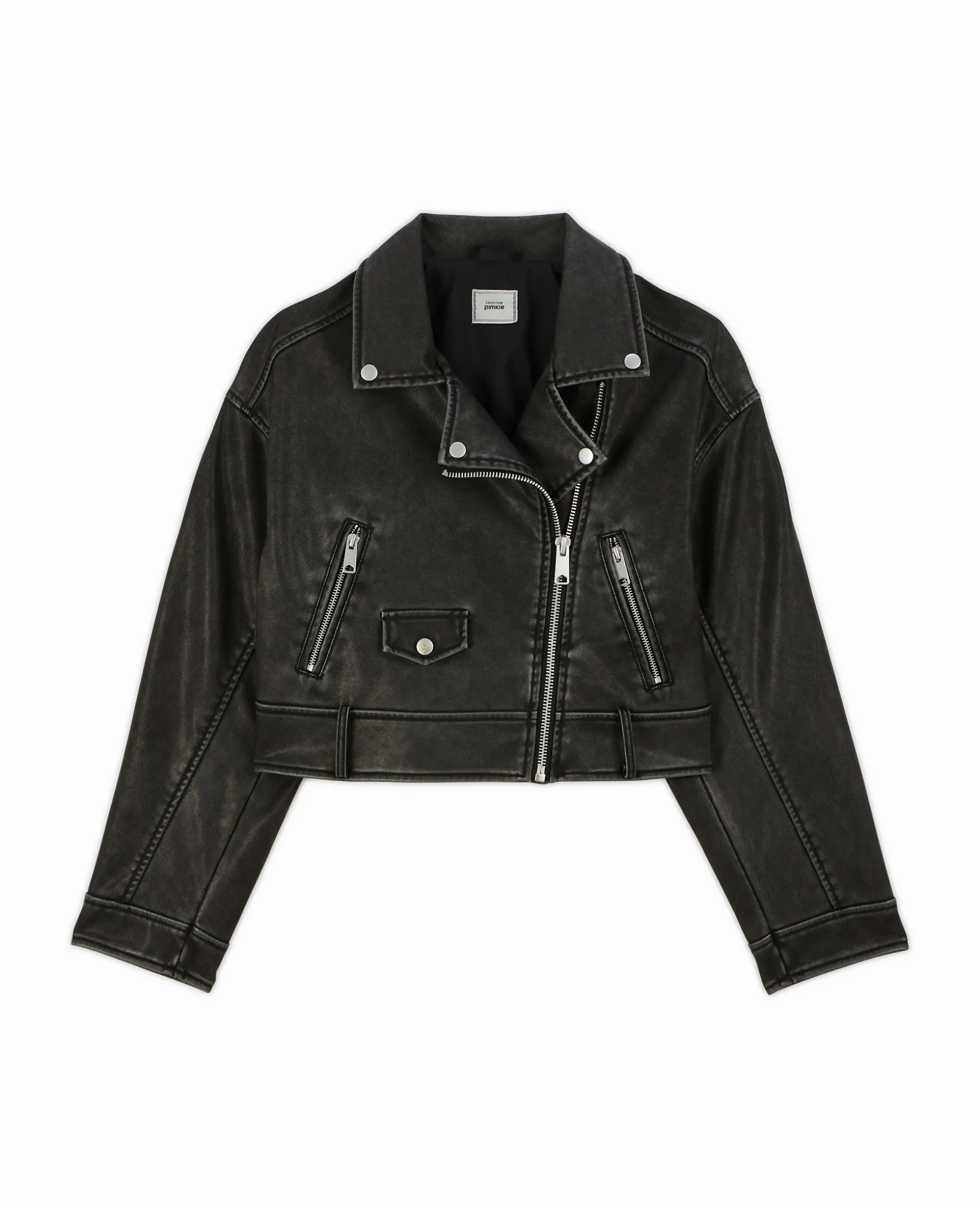 Blouson Biker Court Effet Usé - Gris Foncé