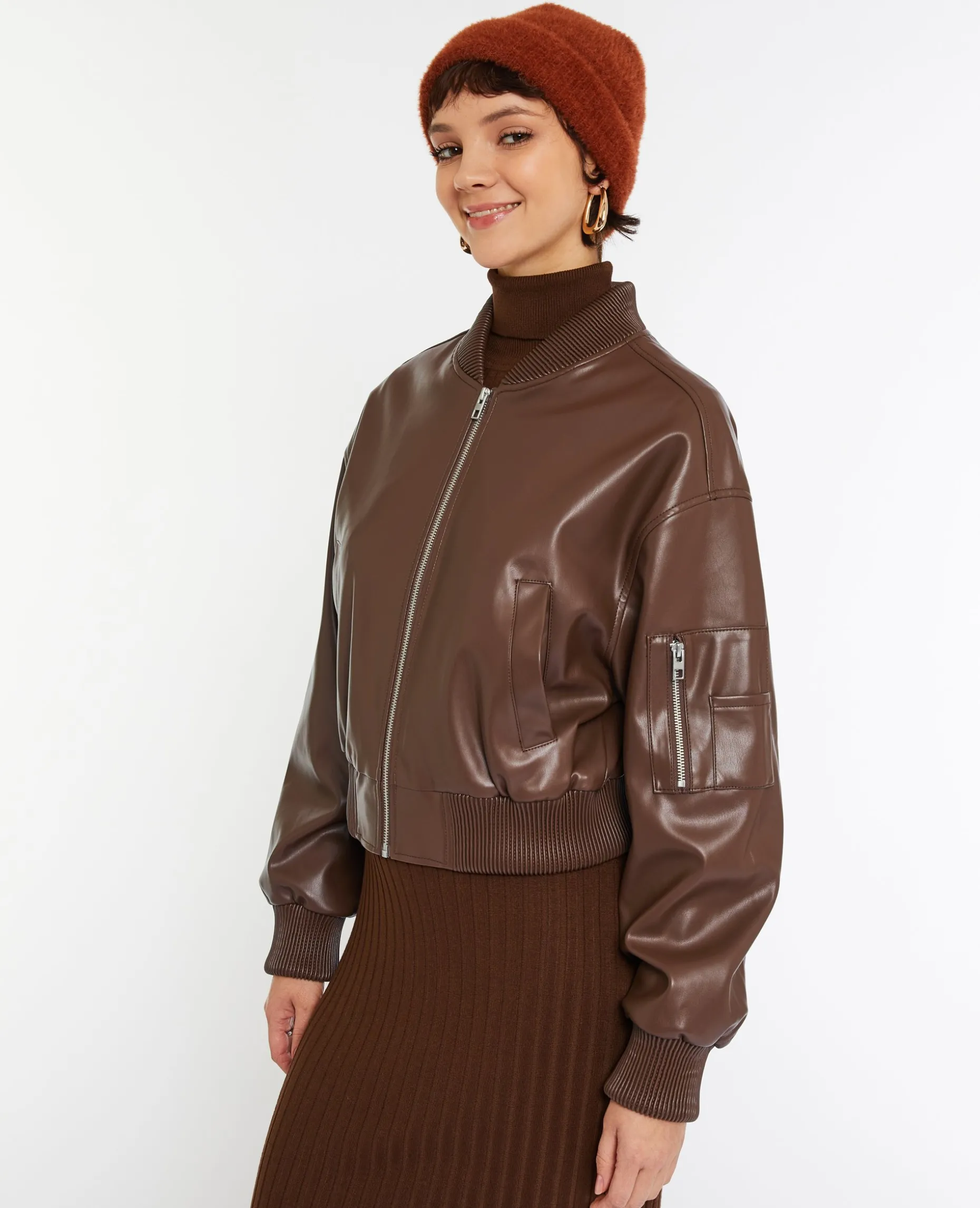 Blouson Bomber En Simili Cuir - Marron