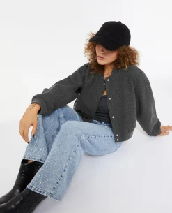 Blouson Bomber Façon Drap De Laine - Gris Foncé