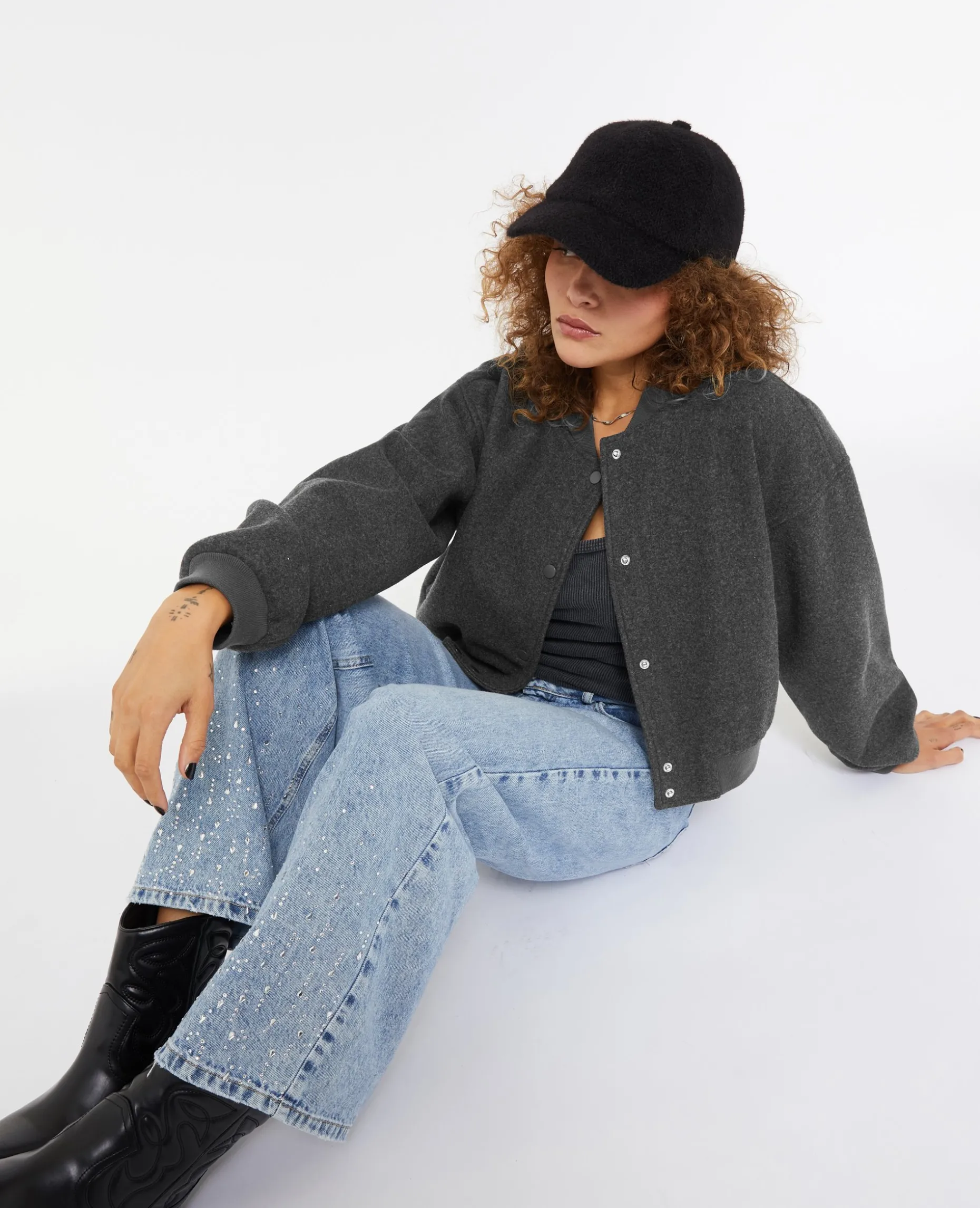 Blouson Bomber Façon Drap De Laine - Gris Foncé