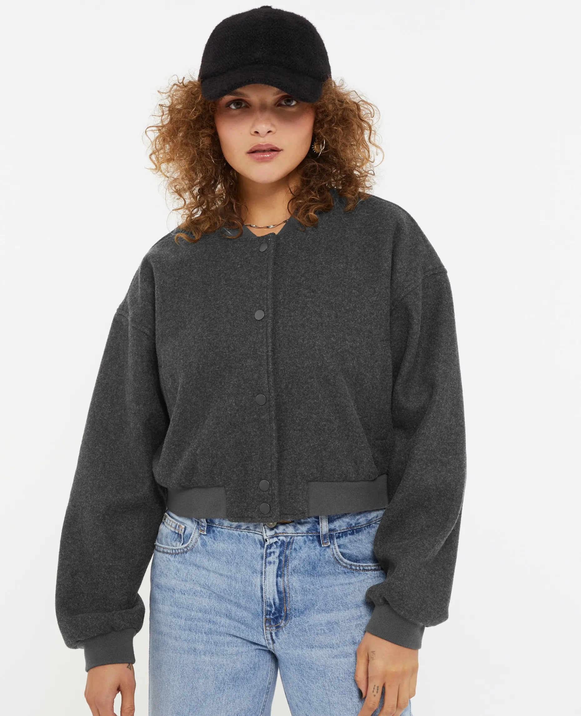 Blouson Bomber Façon Drap De Laine - Gris Foncé