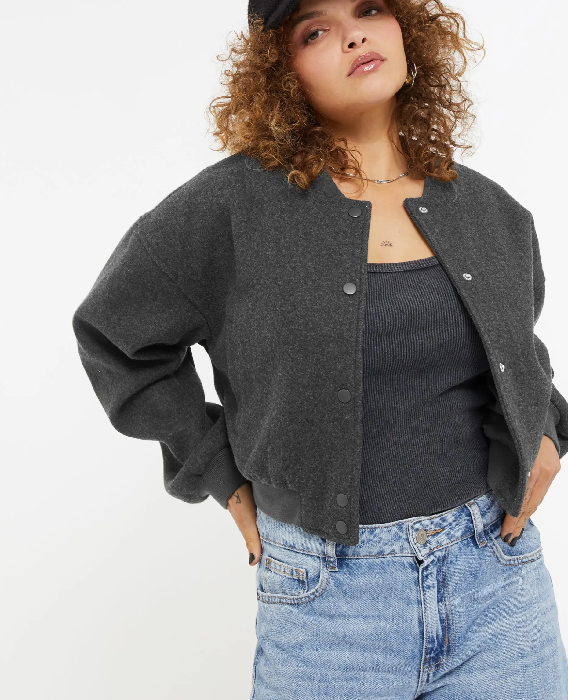 Blouson Bomber Façon Drap De Laine - Gris Foncé