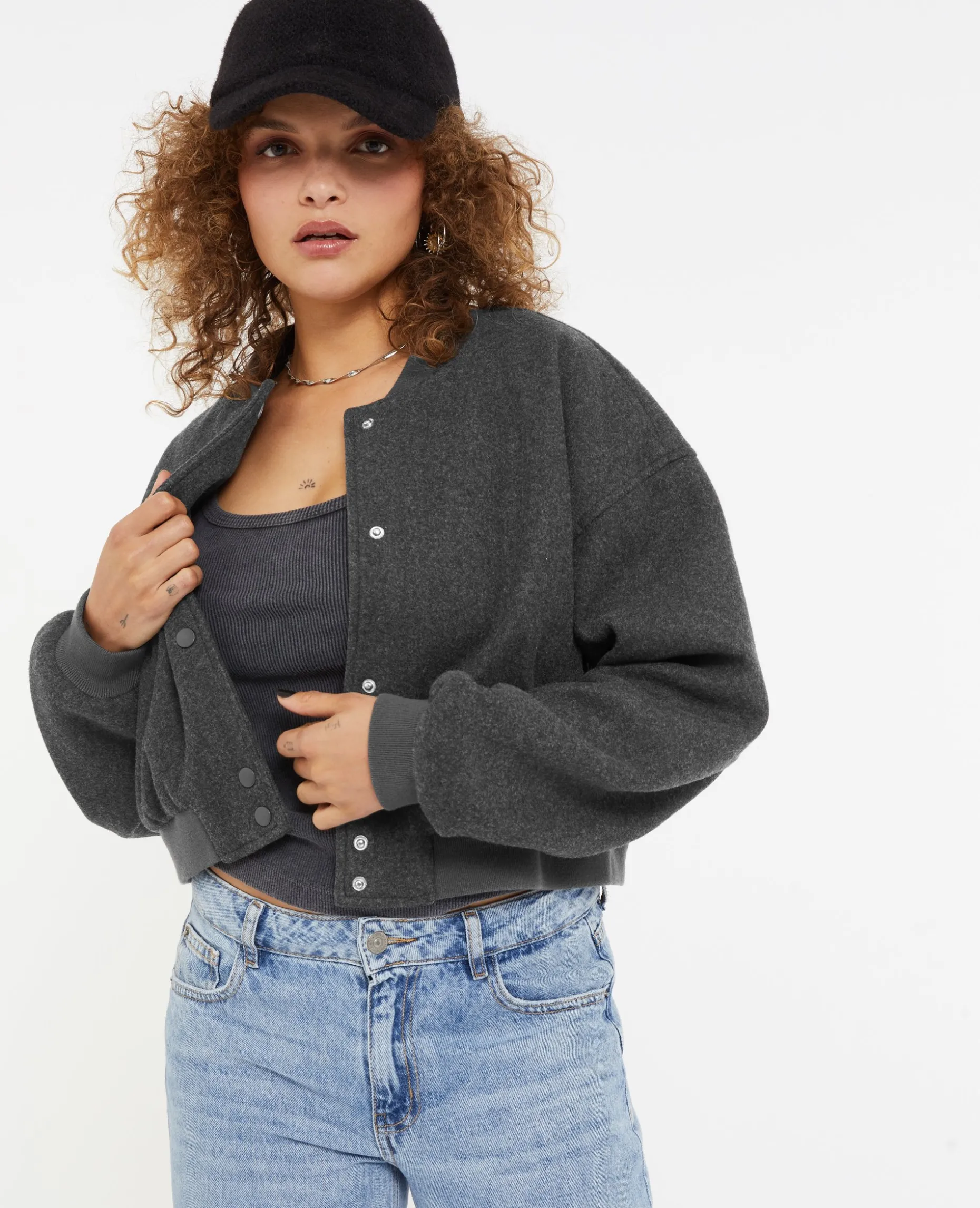 Blouson Bomber Façon Drap De Laine - Gris Foncé