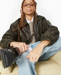 Blouson Long En Simili Cuir Vieilli - Taupe