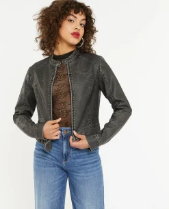Blouson Motard Ajusté En Simili - Gris Foncé