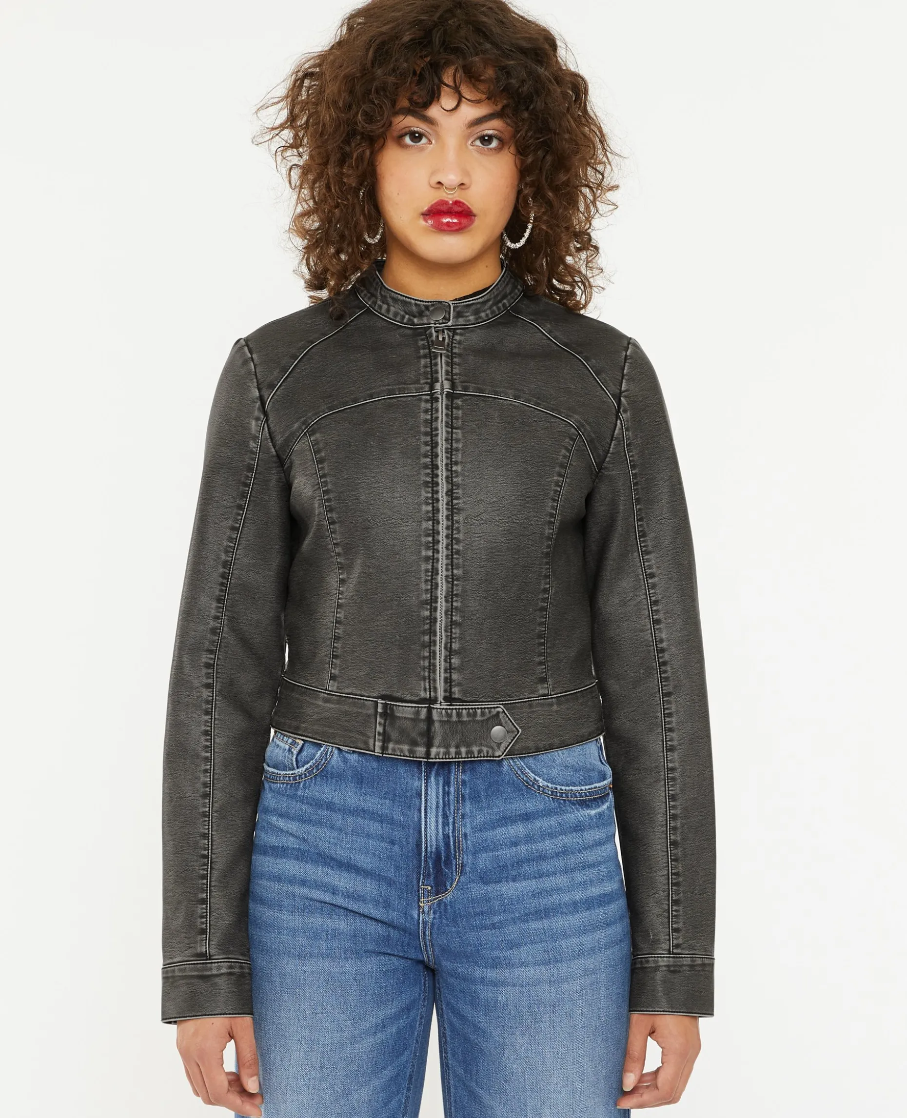 Blouson Motard Ajusté En Simili - Gris Foncé