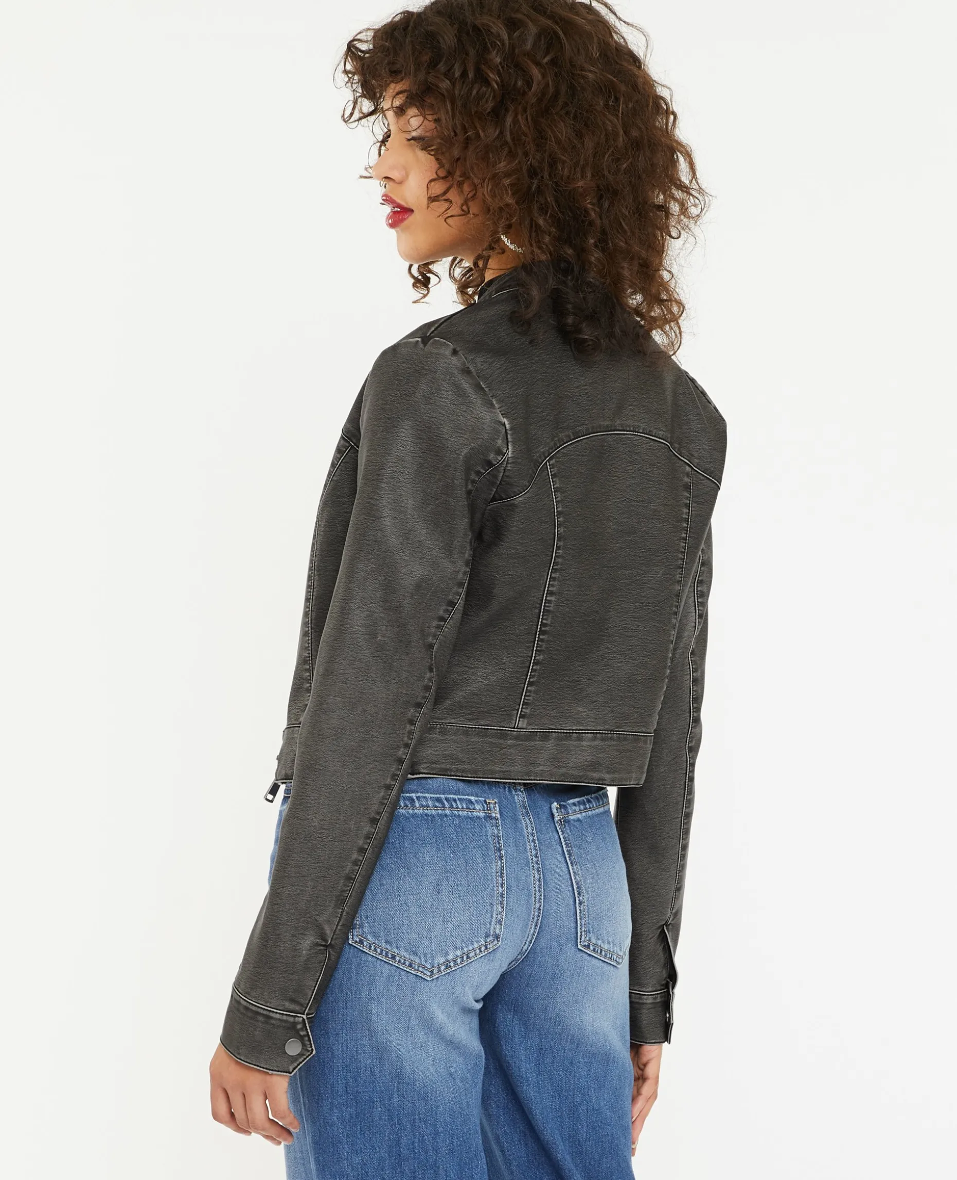 Blouson Motard Ajusté En Simili - Gris Foncé