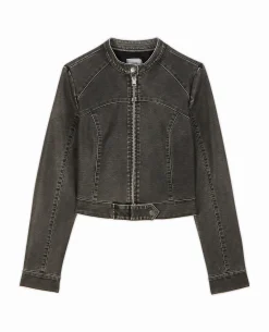 Blouson Motard Ajusté En Simili - Gris Foncé