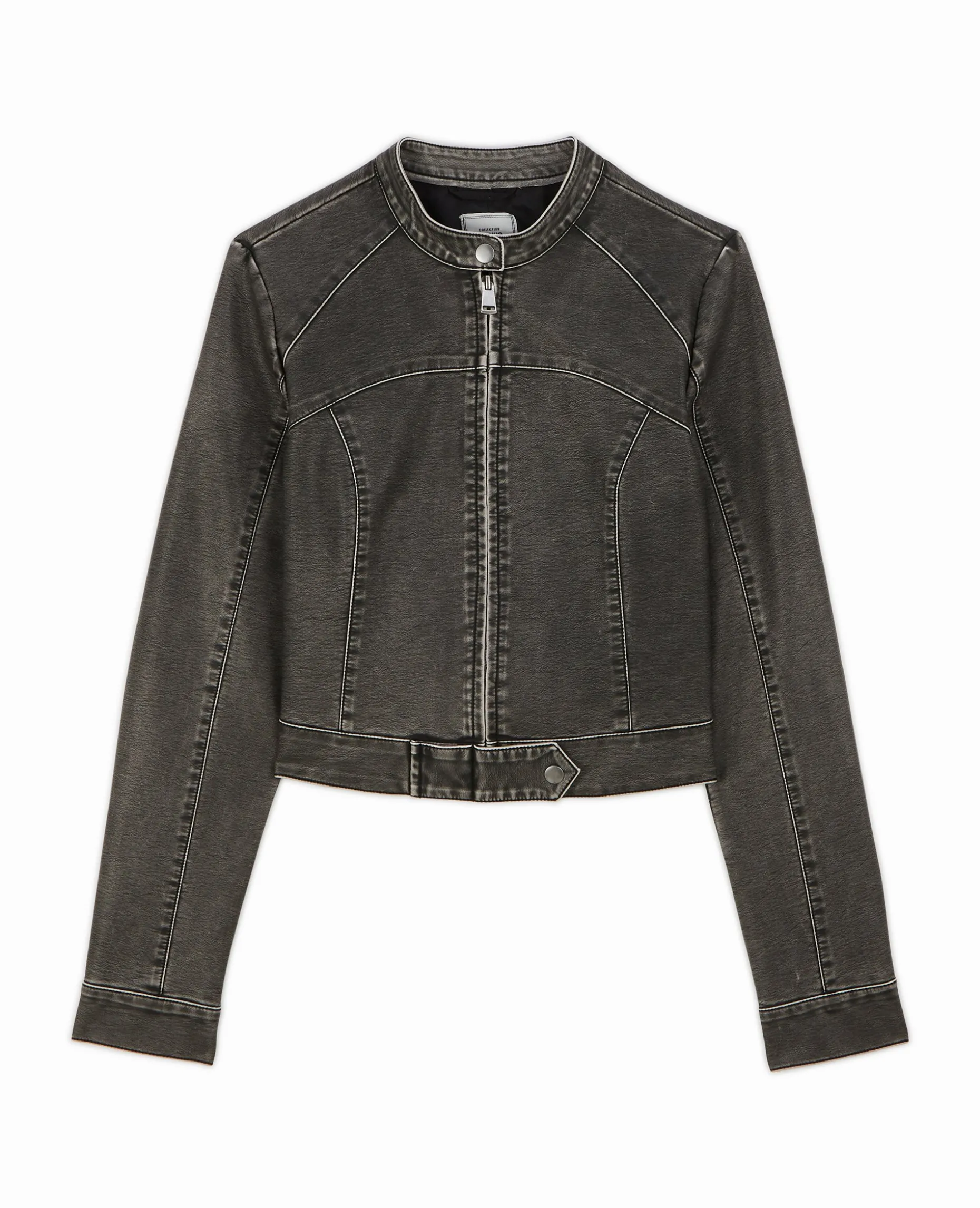 Blouson Motard Ajusté En Simili - Gris Foncé