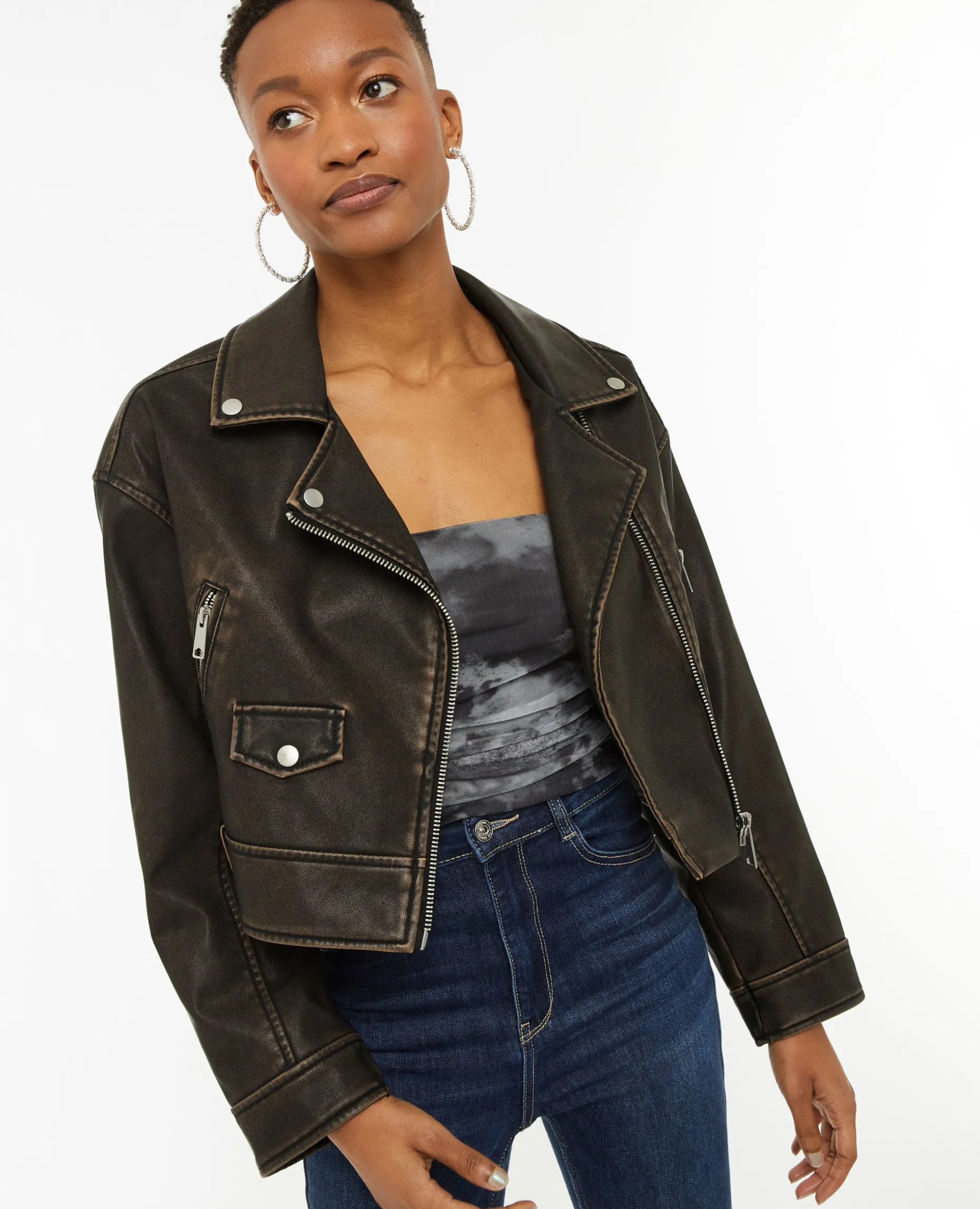 Blouson Motard Court En Simili - Marron