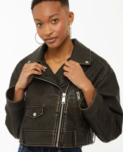 Blouson Motard Court En Simili - Marron