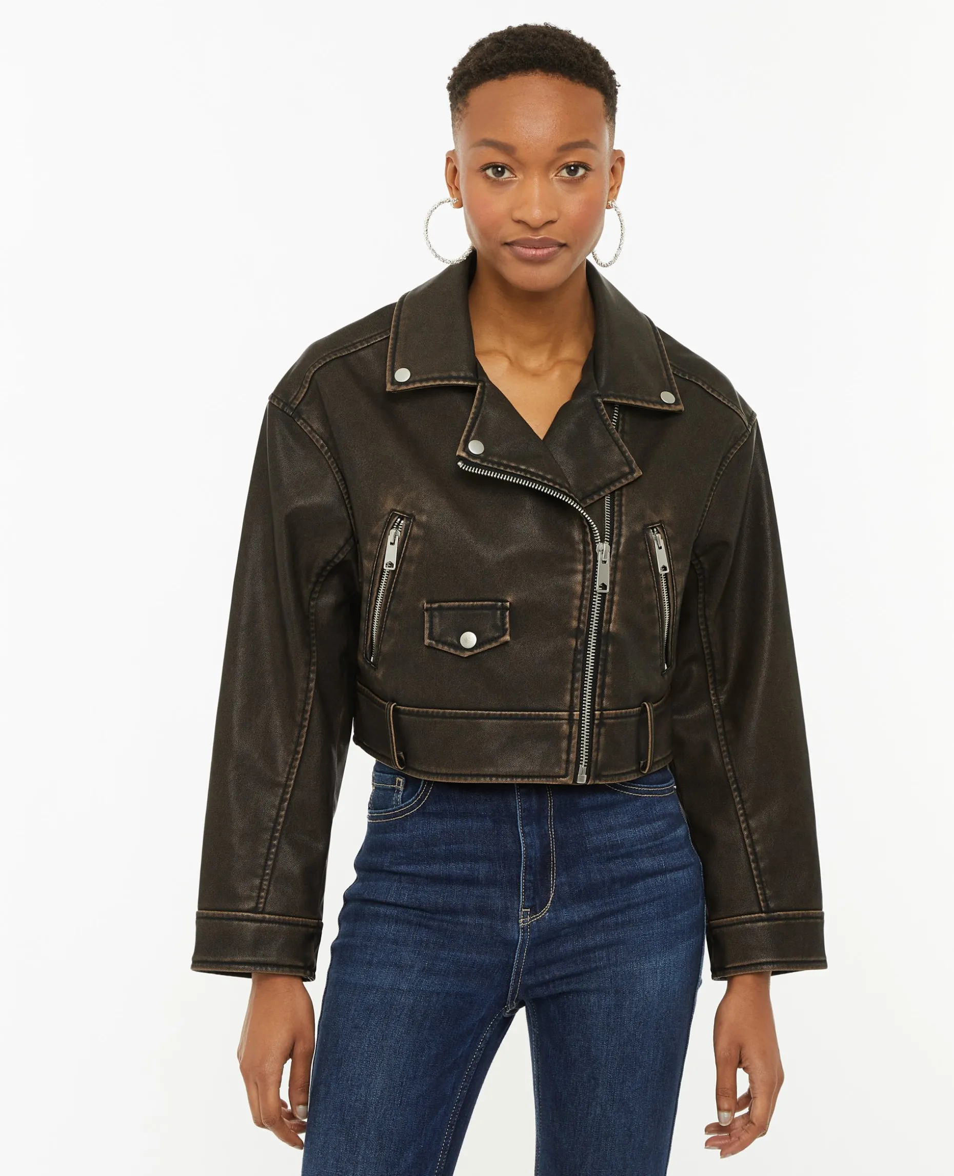 Blouson Motard Court En Simili - Marron