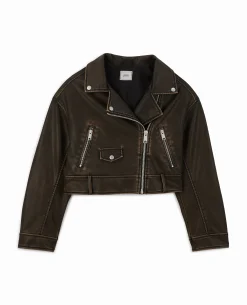 Blouson Motard Court En Simili - Marron