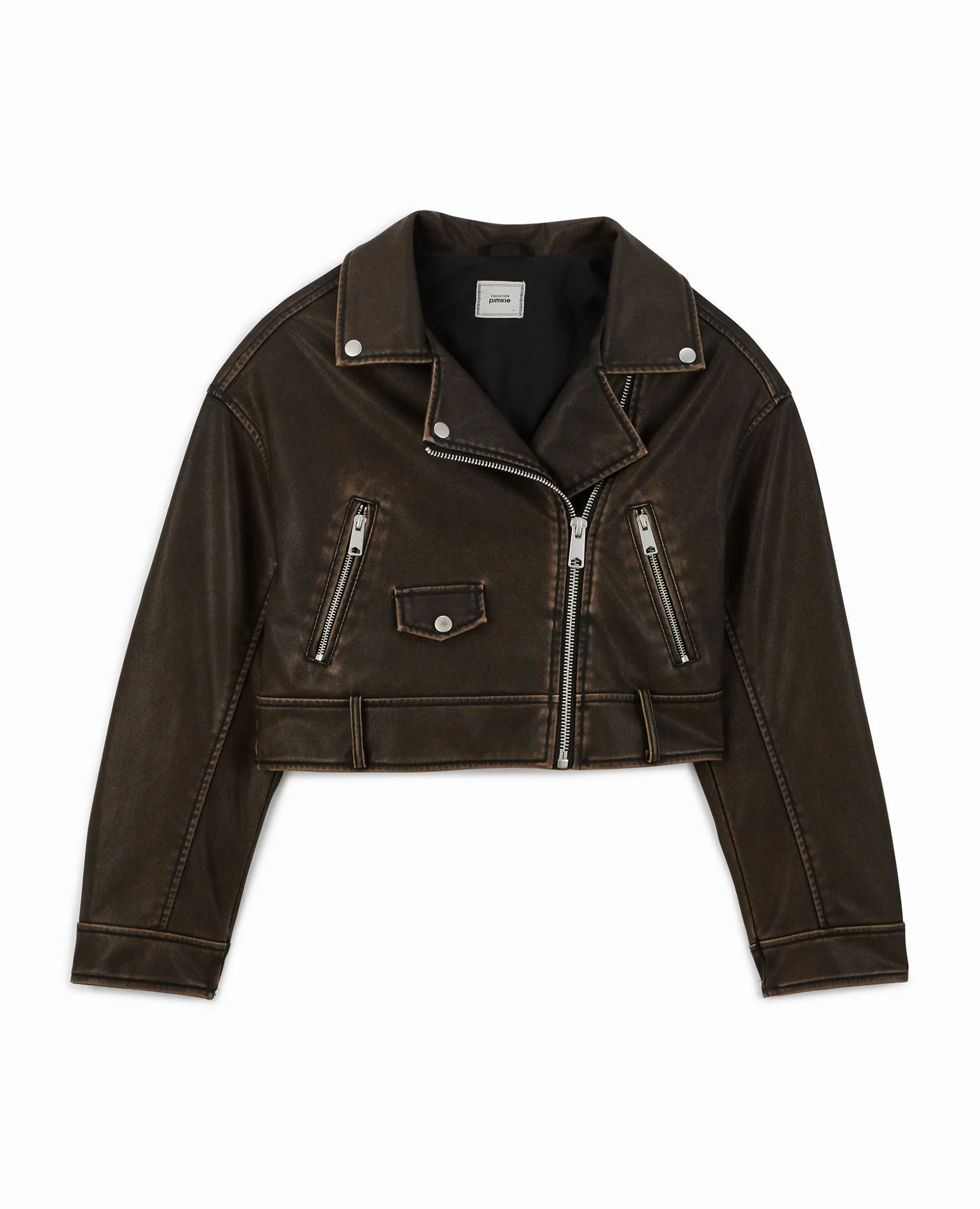 Blouson Motard Court En Simili - Marron