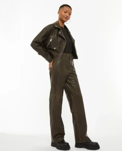 Blouson Motard Court En Simili - Marron