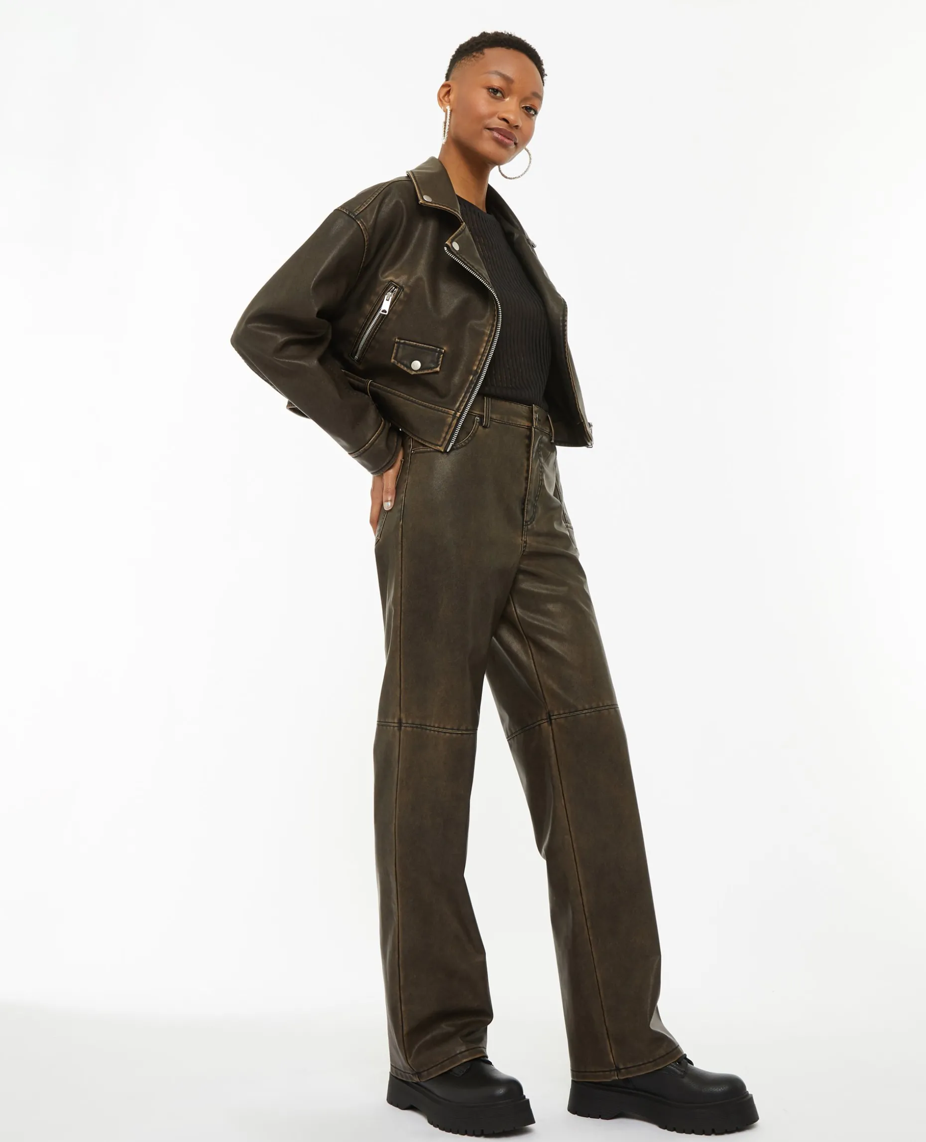 Blouson Motard Court En Simili - Marron