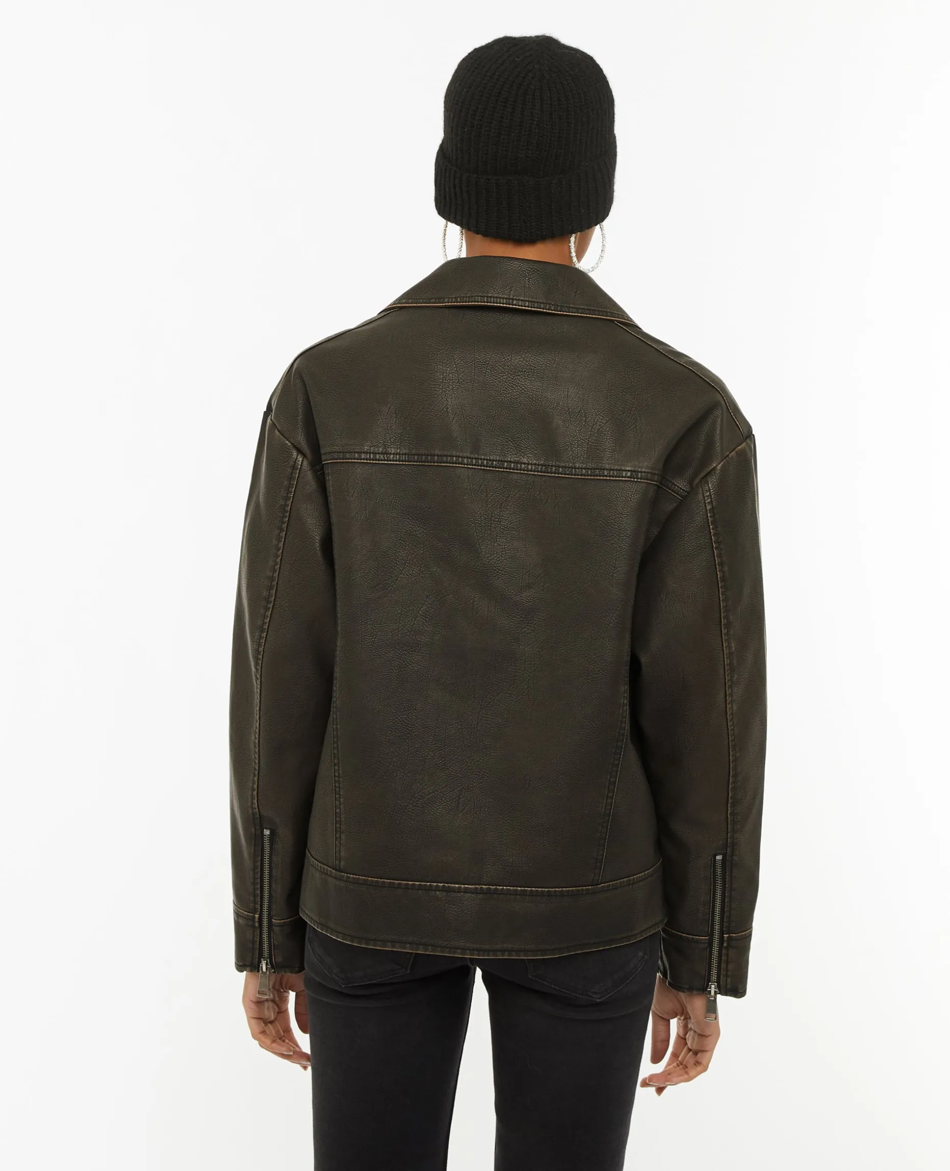 Blouson Motard Oversize En Simili - Marron