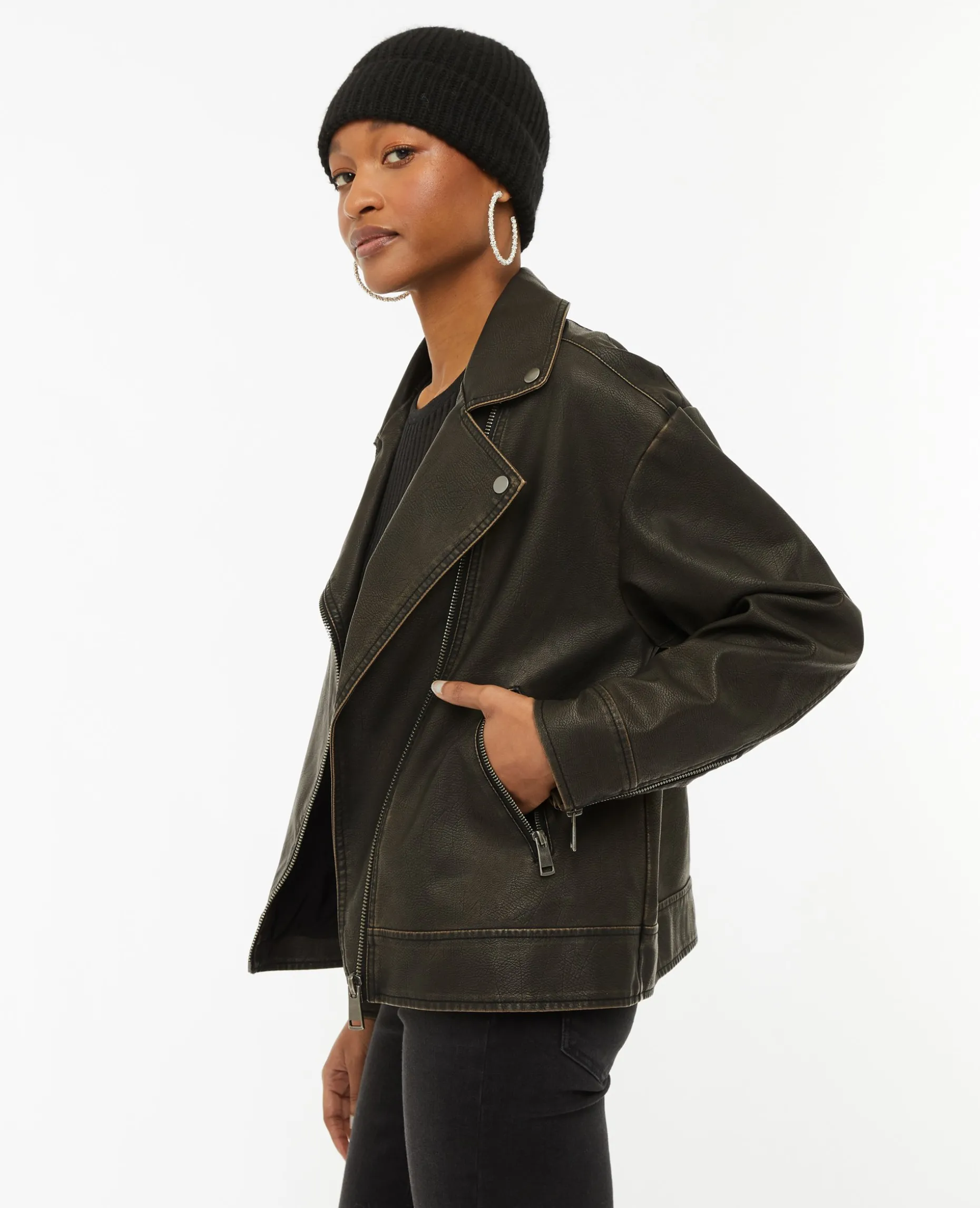 Blouson Motard Oversize En Simili - Marron