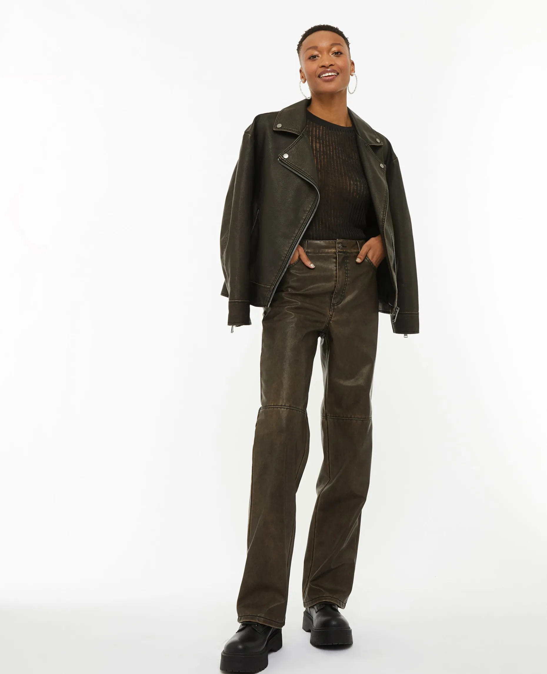 Blouson Motard Oversize En Simili - Marron