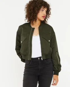 Bomber Court En Tissu Satiné - Vert Kaki